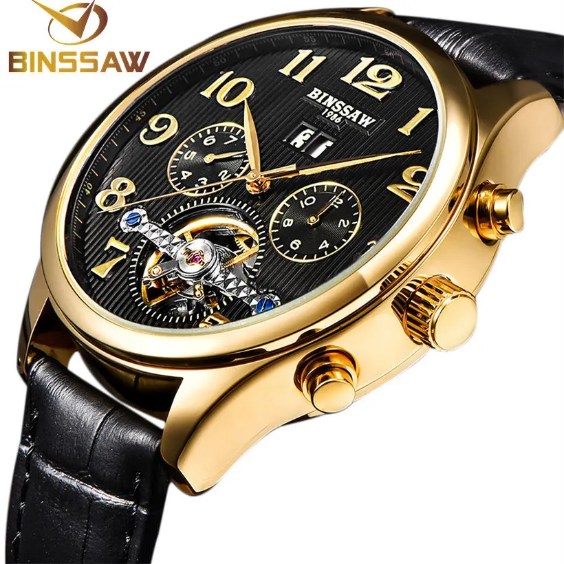 

BINSSAW Leather Military Mechanical Wristwatches for Men Sport Watch Men Business Men's Watch Montre Homme Hand Male Clock Men