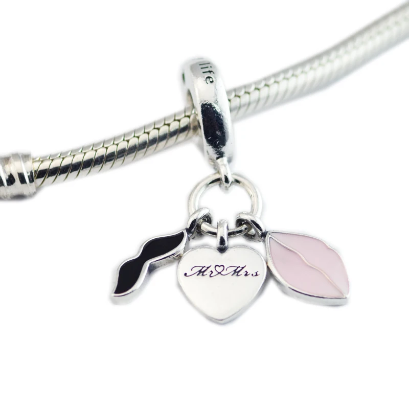

Pandulaso Love Couple Wedding Charms For Jewelry Making Fit Women DIY Bracelets Silver 925 Jewelry Black Beard Pink Lip Mr & Mrs