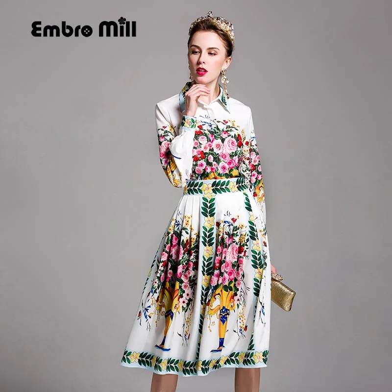 High end mulheres verão definir camisa branca de impressão Europeu desfile de moda de luxo top + floral saia vestido de baile senhora 2 peças terno S XL
