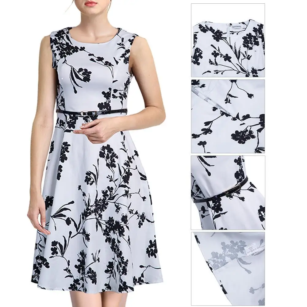 Women Knee Length Belted Sleeveless Floral Pleated Tailored Swing
