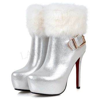 

LAIGZEM FASHON Patent Women Ankle Booties Heel Zip Warm Winter Short Boots Ladies Shoes Woman Botines Mujer Large Size 33-43