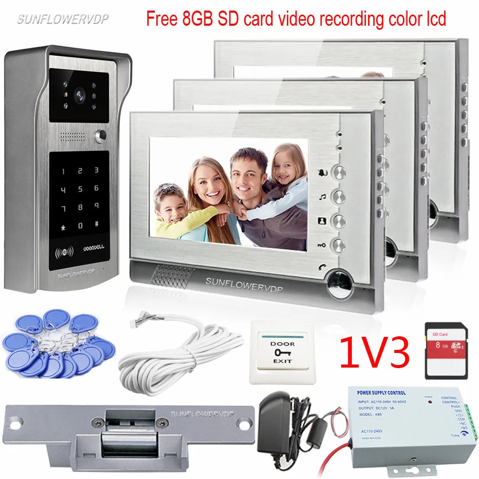 Rfid Video Recording Intercom System For 3 Apartments Color 7\ 8GB SD Card Memory Monitors Keypad Video Doorphone With Door Lock