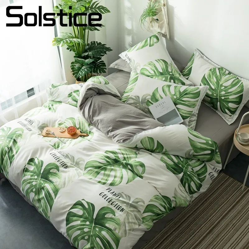 

Solstice Home Textile Palm Frond White Gray Bedding Sets Soft Duvet Cover Pillowcase Flat Bed Sheet Linens For Teenage Boy Girls