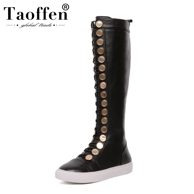 

Taoffen Women Genuine Leather Round Toe Metal Zipper Long Boots Flats Thick Bottom Knee Boots Fashion Footwear Size 34-39