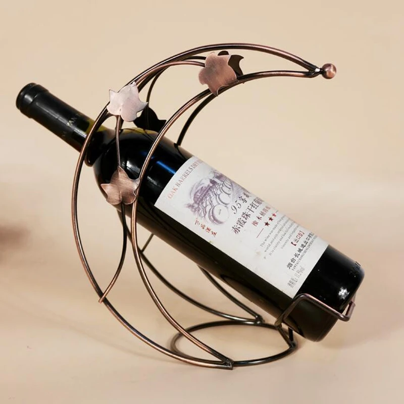 European Style Iron Red Wine Rack Bronze Metal Leaves Design Wine Holder Home Bar Decor Moon