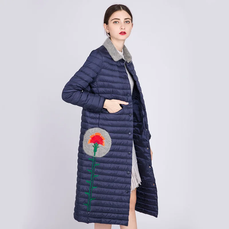 2018 Spring New Embroidery Thin Down Jackets Fashion Mink Cashmere Collar Long Coat for Women Female Autumn Outerwears | Женская одежда