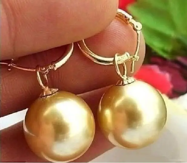 

GENUINE HUGE AAA++ 15-16MM GOLDEN SOUTH SEA SHELL PEARL EARRING 14 + GIFT BOX