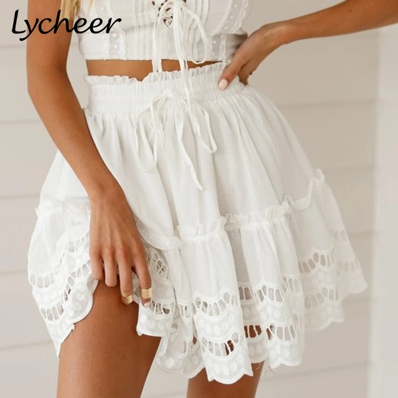 

Lycheer White Lace Embroidery Women Skirt High Waist Cute Summer Mini Short Skirts Elegant Holiday Beach Female Skirts