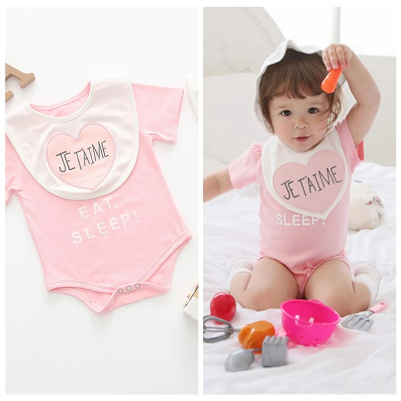 

3PCS Summer Babys Girl Cotton Infant Short Sleeve Jumpsuit+Letter Pattern Bibs+Hat Newborn Romper Set