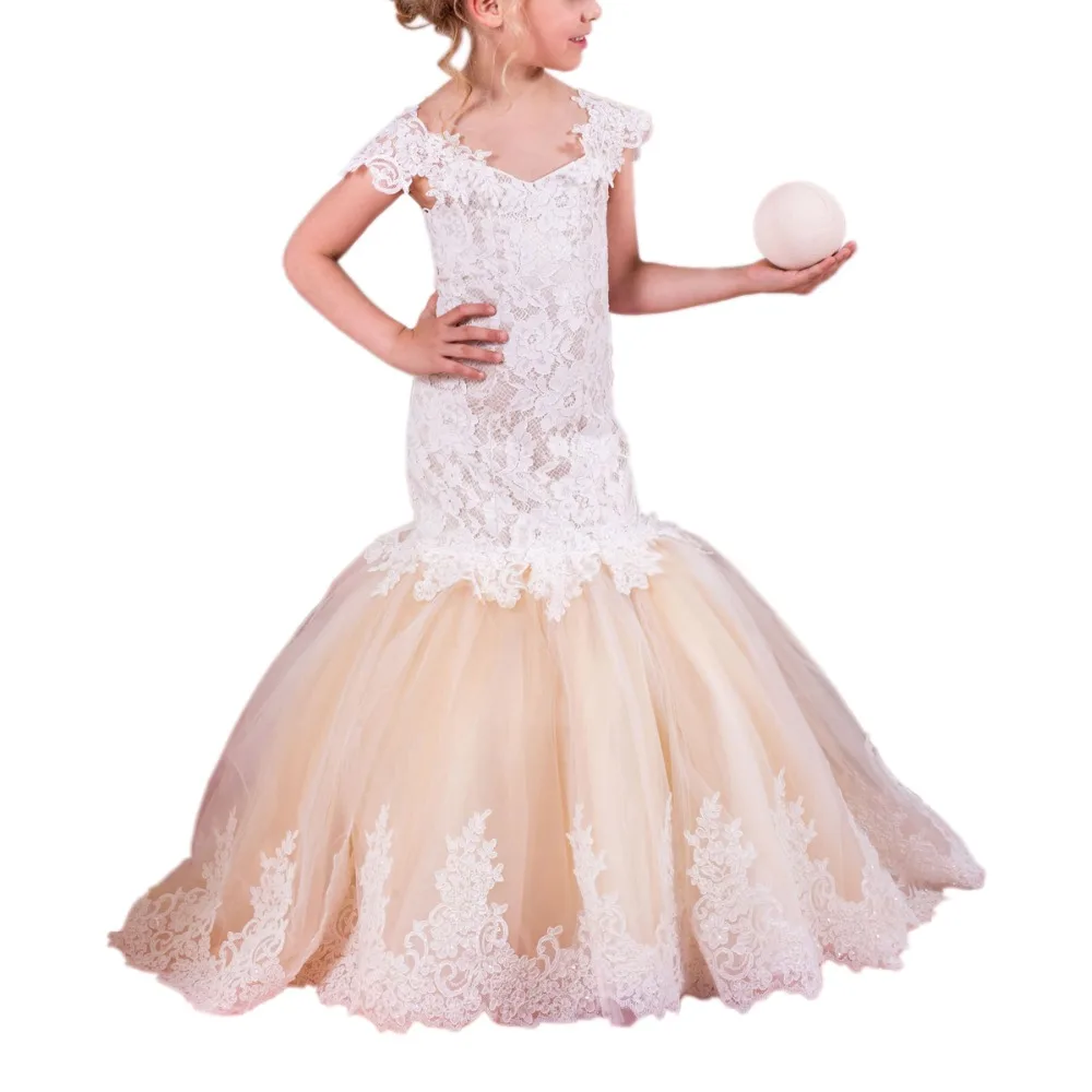 

champagne mermaid dresses for little girls 2-12years tulle party ball gowns for kids long fancy flower girls dress