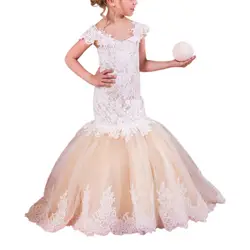 Шампанское Русалка платья для девочек 2-12years тюль вечерние бальные платья для детей длинные Необычные Платье с цветочным узором для девочек