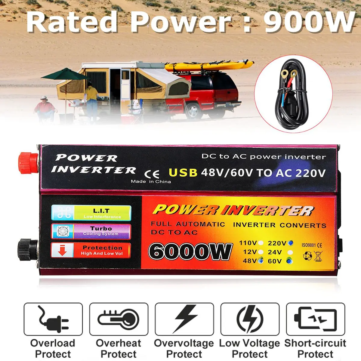 

Kroak Solar Inverter 12V 220V 1000W Pe ak 6000W Voltage Converter Transformer DC 12/24V 48/60V To AC 110/220V Auto Inversor
