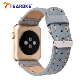 

Retro Handmade Sewing Genuine Leather Watchband for Apple Watch 38mm 42mm Blue Replacement Bracelet Band Strap for iwatch 1 2 3