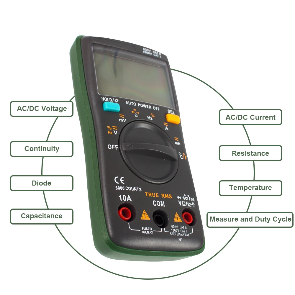 

VP1002 Multimeter Digital 6000 Counts Temperature Tester Electric Inductance Meter Test Leads For Multimeter Diodes For Auto