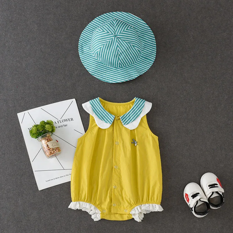 

2019 NEW Baby Girls Clothes Summer Sunsuit Floral Print Princess Rompers+Sun Hat Brief Set Infant Outfit Girls Jumpsuit Clothes