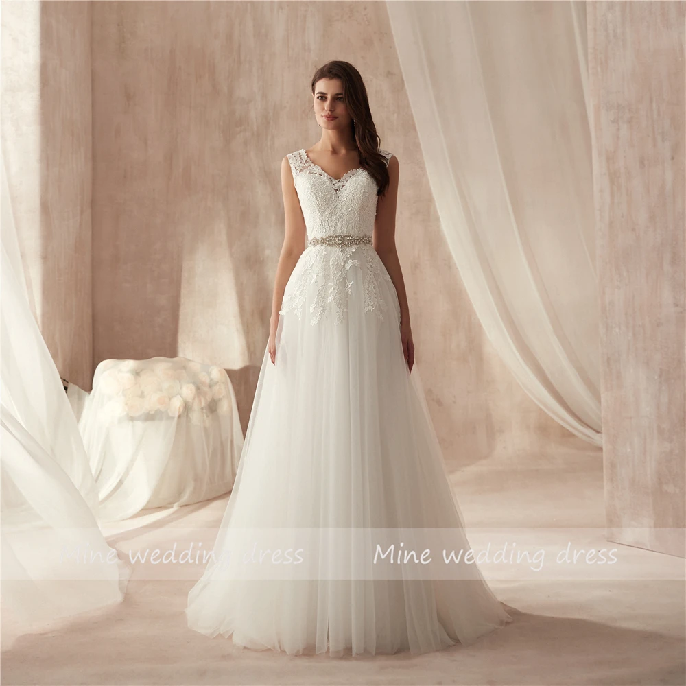 2019 Новое поступление v-образный вырез высокое качество Свадебная Кружевная аппликация платье Бисероплетение Sash A-Line Свадебные платья vestido de