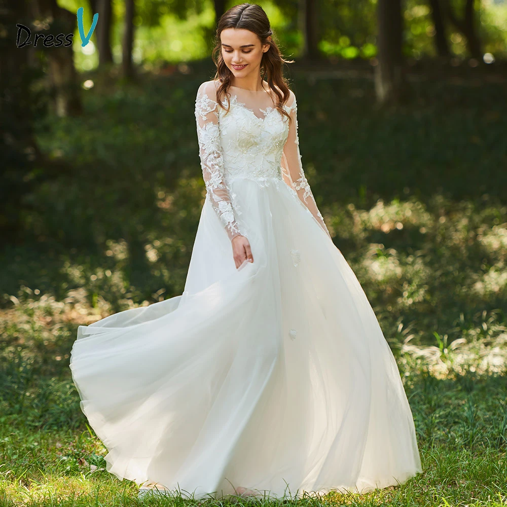 Dressv цвета слоновой кости свадебное платье со шлейфом средства ухода за кожей Шеи на молнии линии одежда с длинным рукавом свадебные