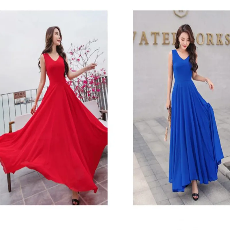 2019 New Summer Beach Dress Women's Fashion Sleeveless V-Beck Red Blue Long Dress Elegant Robes Women's Plus Size 5XL (1)