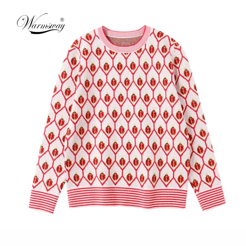 Women Lady Jumper ladybug Jacquard Sweater Pullover Tops Coat Christmas Winter Womens Ladies Warm Brief Sweaters Clothing C-408