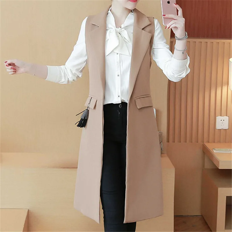 2018 Spring Autum New Fashion Long Pockets Turn-down Collar Single Button Sleeveless Blazer West Jackets Office Lady WaistCoat