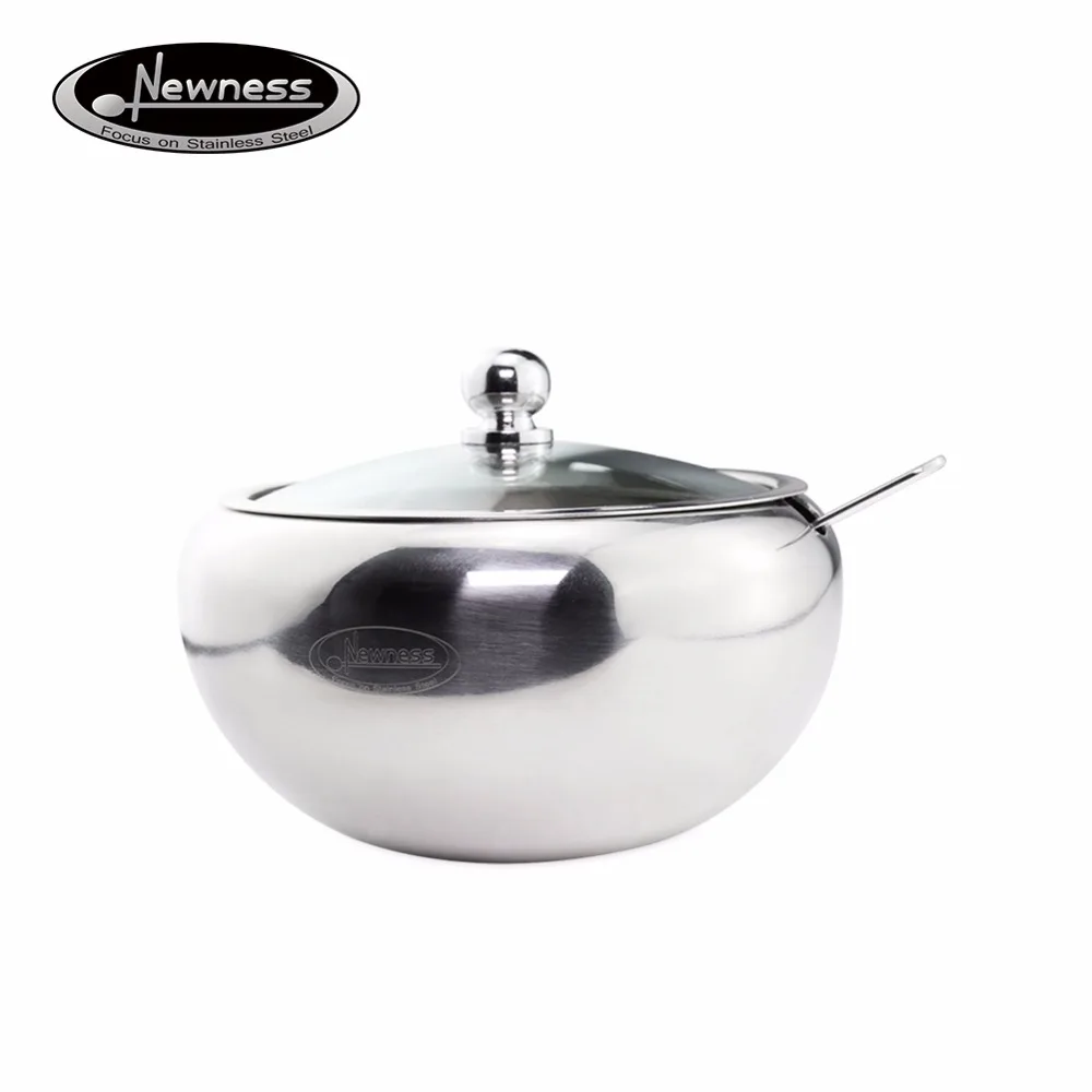 Newness Stainless Steel Sugar Bowl with Clear Lid(for better recognition) and Sugar Spoon for