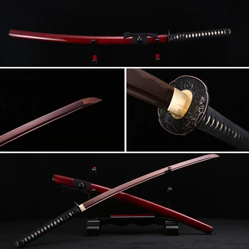 

Handmade Full Tang Japanese Katana Red Damascus Folded Steel Real Samurai Sword Sharp Edge Real Fish Leather