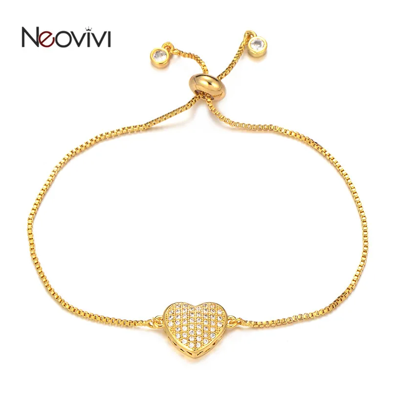 Neovivi романтические браслеты с подвеской в форме сердца для женщин Девушка регулируемые ювелирные изделия микро проложить Циркон латунная цепь DIY браслет подарок любителю