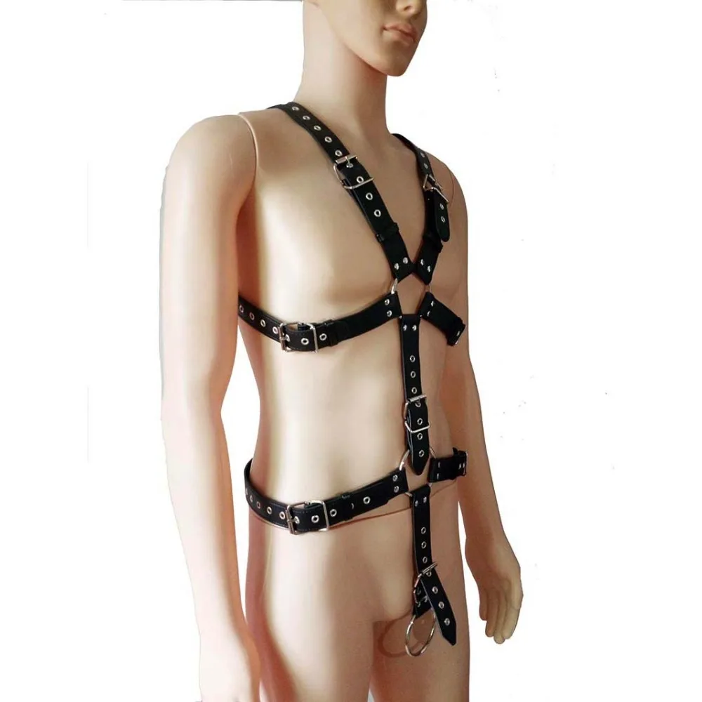 

Male Studded Leather Chest & Waist Harness Fetish Wear Set with Metal Crotch Ring Body Building Macho Play Costume