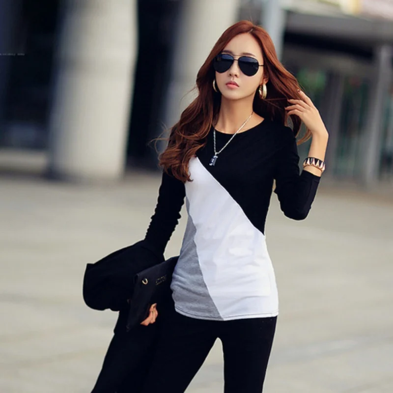 

Long Sleeve T Shirt Patchwork Mix Color Autumn Winter T-Shirt Women 2018 Casual Slime Woman Tshirt Top Tee Shirt Poleras Mujer