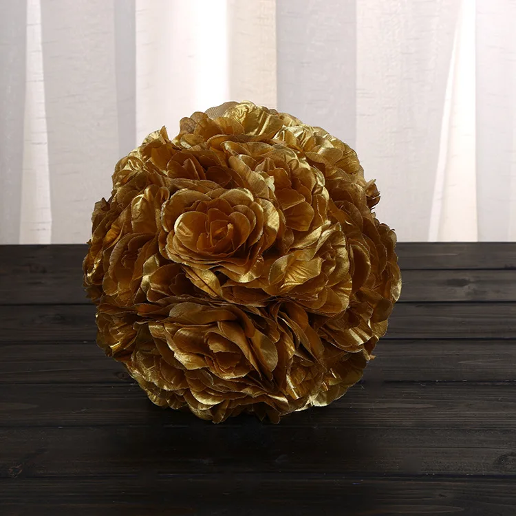 

High quality 7Inch 17cm Artificial Gold color Flower Ball Artificial Hydrangea pendant Kissing Ball for Wedding Party Decoration
