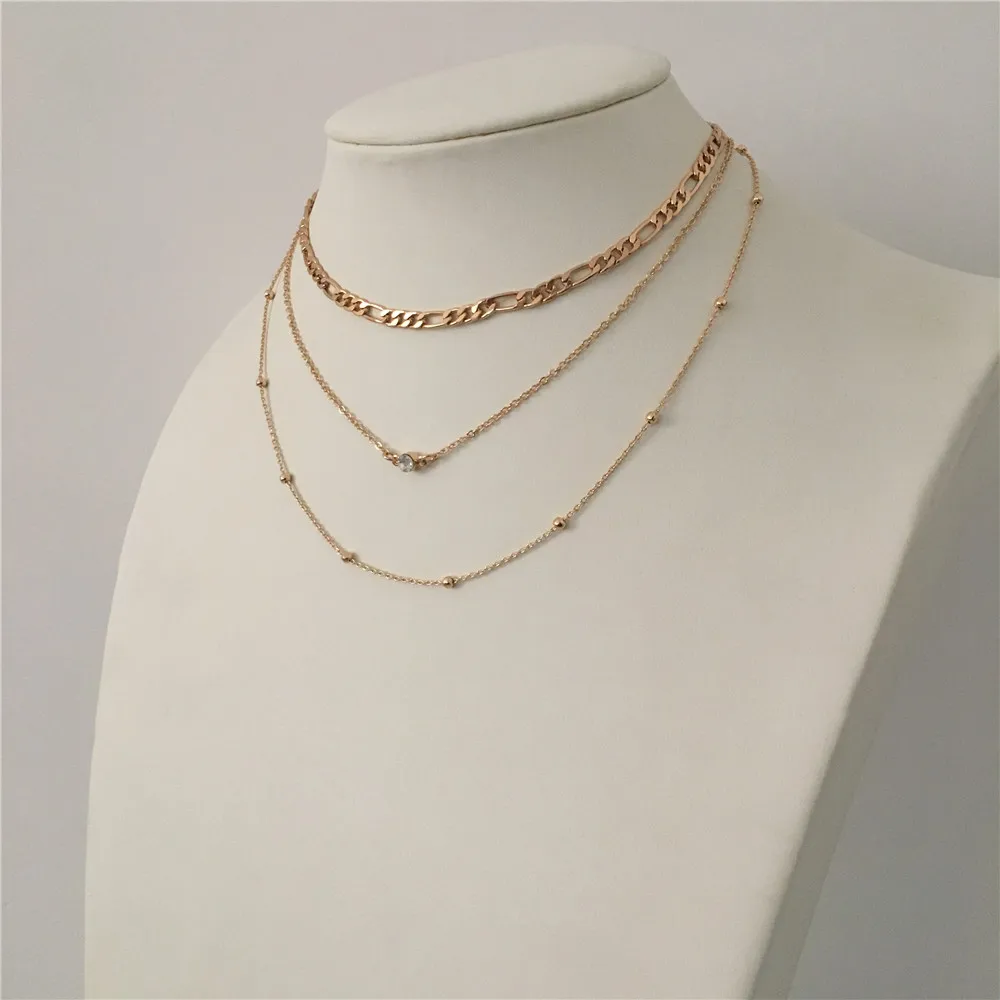 Трендовое женское золотое покрытие, три разных цепочки с маленьким прозрачным камнем, колье, ожерелье для женщин и девушек