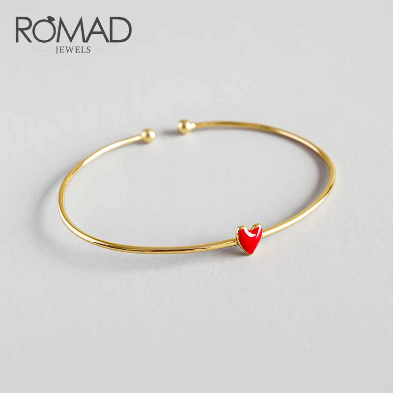 

ROMAD Red Love Heart 925 Sterling Silver Bracelet Gold Color Bracelets Bangles For Women Girls Jewelry R4
