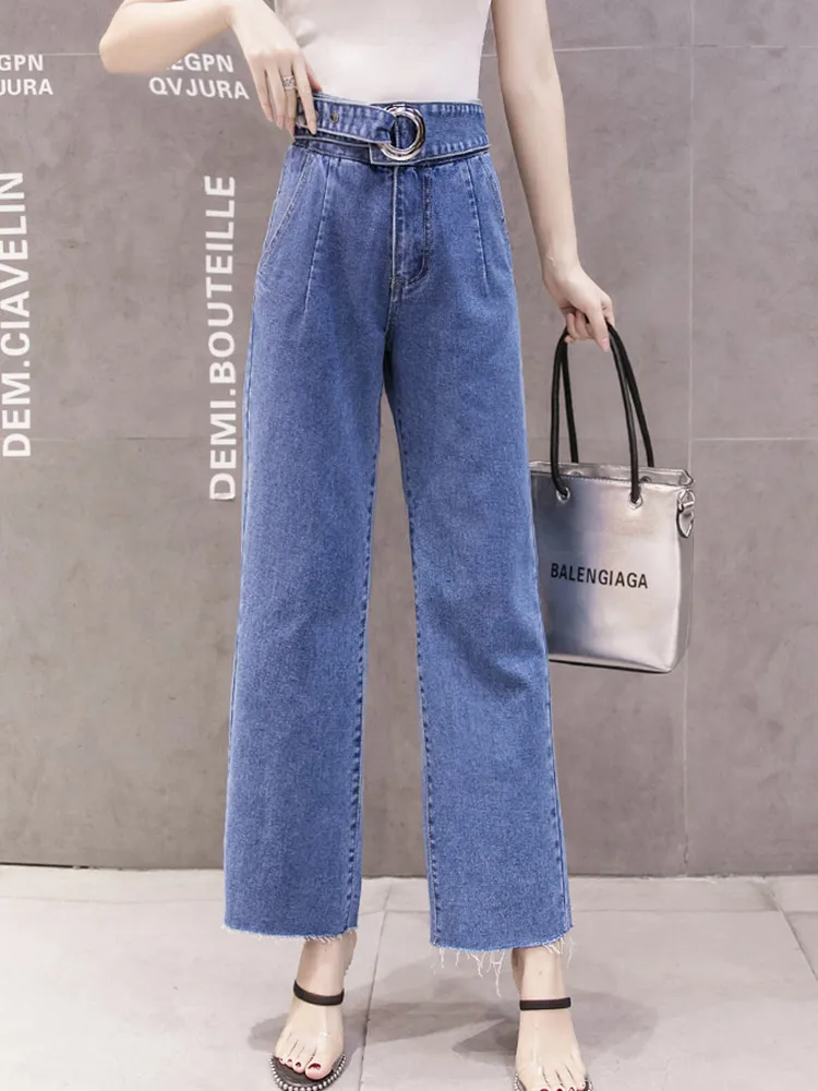 

JUJULAND casual straight leg jeans plus size blue female high waist jeans with a belt 219