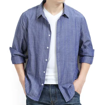 

2019 Modis Spring and Autumn New Large size Long Sleeve Casual Shirt Men's Fashion Striped Cotton Shirt More Size L-6XL 7XL