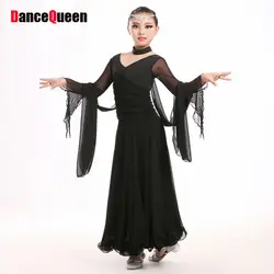 2017 девушка Костюмы для бальных танцев платье для танцев из молочного шелка и шифона складки v-образным вырезом с длинным рукавом Saia