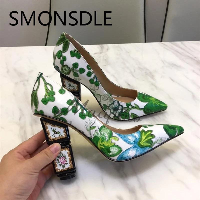 2018 Primavera Verano bordado verde talón zapatos mujer punta dedo del pie en flor moda dama partido zapatos de boda|Zapatos de tacón de mujer| - AliExpress