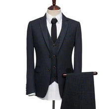 Шерсть, Зимний однобортный теплый Мужской приталенный костюм, Королевский синий клетчатый смокинг, свадебная брендовая одежда для жениха, комплект из 3 предметов, 3XL плюс