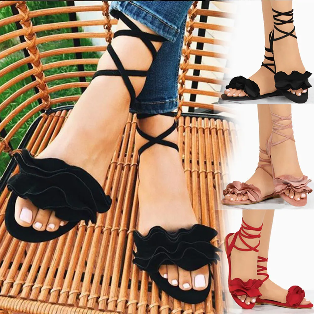 

Women Solid Color Ruffles Round Toe Flat Heel Cross Tied Sandals Rome Shoes Summer Beach Shoes Female Ladies Sandals