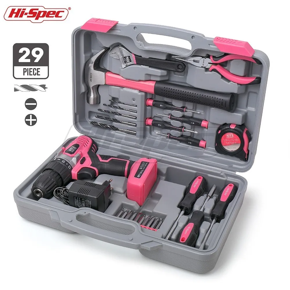 

Hi-Spec 29 Pieces Pink Household Hand Tool Set Kit 8V Electric Screwdriver Li-ion Battery Power Tool Set Girl Women Lady Tools