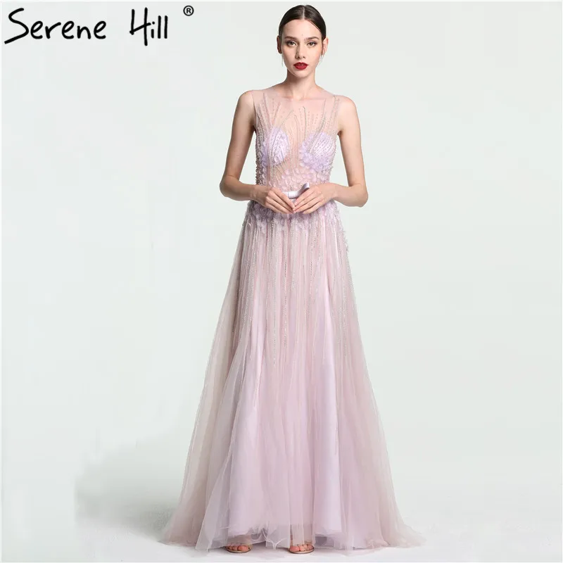 

Sexy See Through Lilac Long Prom Dresses 2019 New Style Beaded Sequins Floor Length Evening Gowns Serene Hill BLA6122