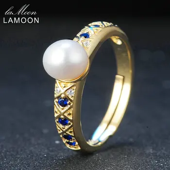 

LAMOON 5mm Natural Freshwater Pearl 925 Sterling Silver Jewelry Wedding Ring with S925 For Women LMRI044