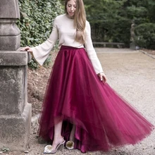 Элегантный бордовый длинный высокий низкий тюль юбки Для женщин Длинные свадебные юбка-пачка молния Асимметричный Невесты фатиновая юбка