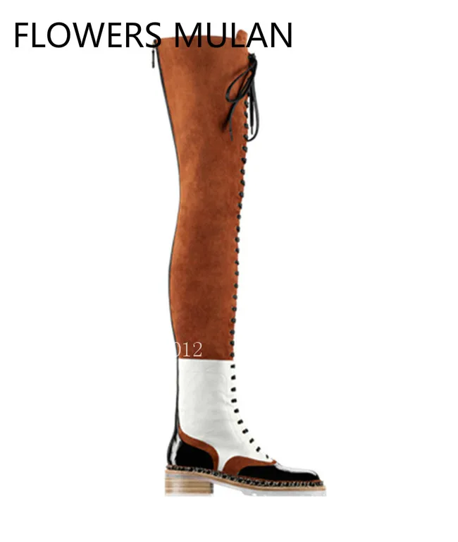 

2018 Luxury Brand Genuine Leather Lace Up Thigh High Boots Orange White Patchwork Low Heel Long Boots 42 Women Booties