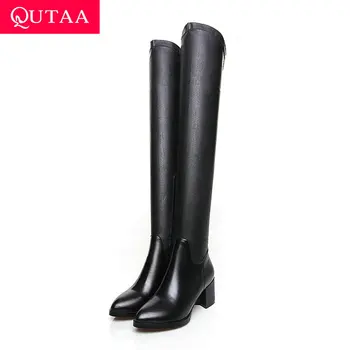 

QUTAA 2020 Zipper Platform Pointed Toe Winter Over The Knee Boots Square Heel Genuine Leather Fashion Women Shoes Size 34-43