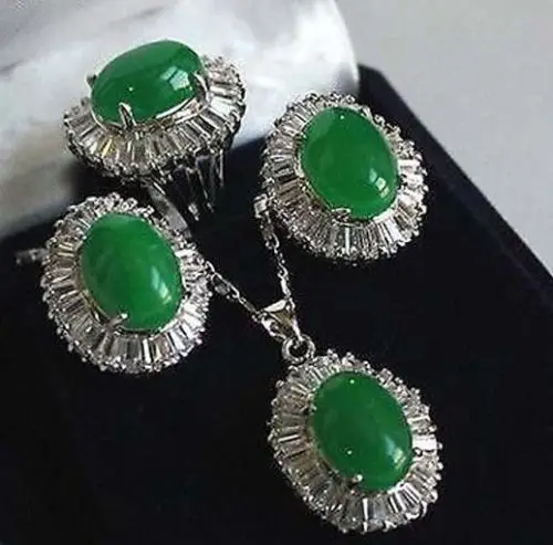 FREE SHIPPING>>@> free shipping 00669 beautiful Sets green jade pendant necklace Stud earring Ring + Free Natural jewelry 30%  O