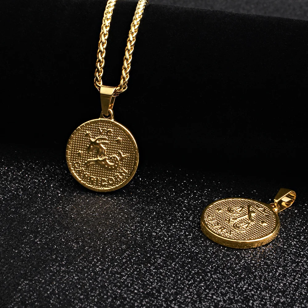 FINE4U 12 Знак зодиака, созвездие, подвески, ожерелье из нержавеющей стали, цепочка, ожерелье, большие монеты, ожерелье s для подарка на день рождения
