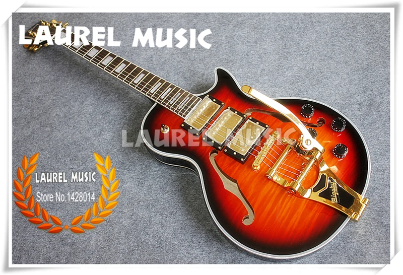 High Quality Hollow Body Electric Guitar 3 Pickups & Golden Bigsby Tremolo Vintage Sunburst Color With Golden Hardware