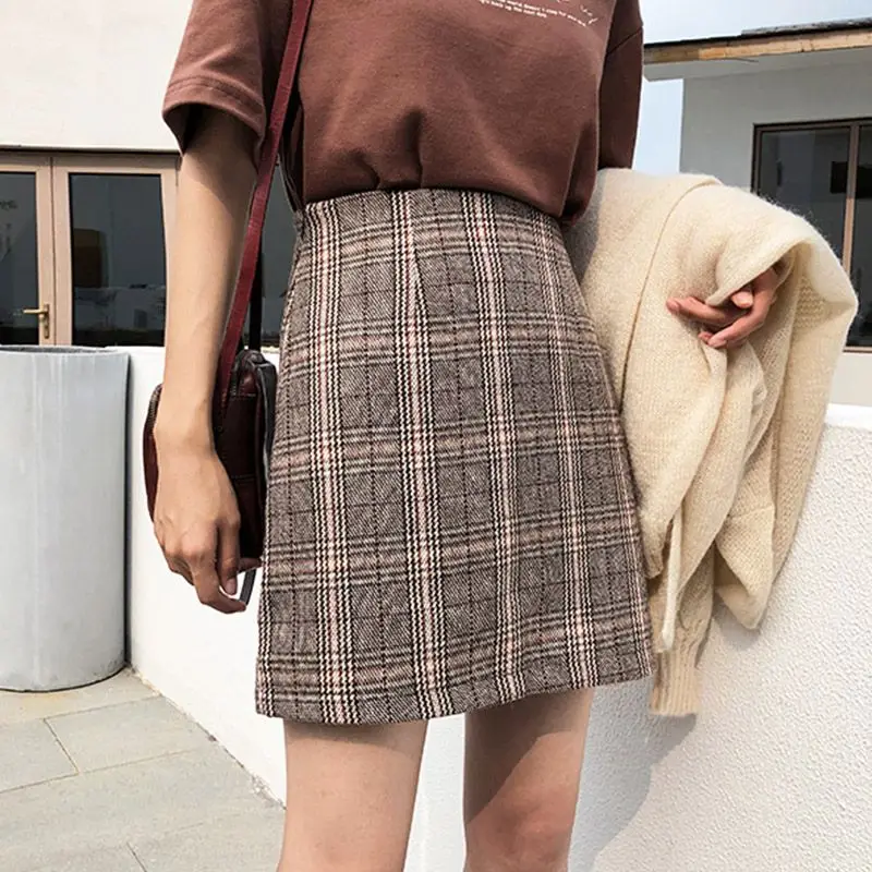 

Women's High Waist Plaid Skirt Woolen Skirts Womens