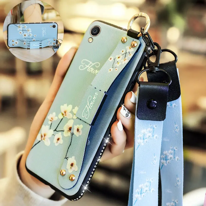 

Wrist Strap Hand Band Case For OPPO R9S Plus Cover Fashion Flower Pattern for OPPO R9 Cover TPU Side Drill Bracket Lanyard Case