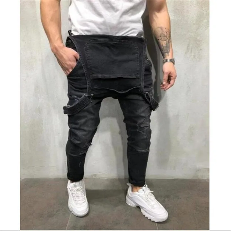 2019New Весенняя мода Для мужчин ползунки рваные джинсы Street Distressed Denim Комбинезон для человека штаны с подтяжками Размеры S-XXXL